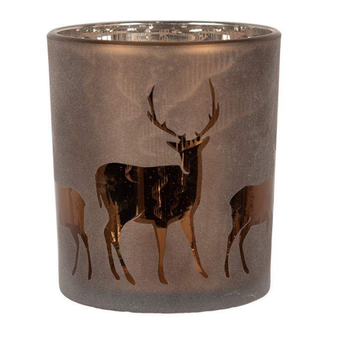 Photophore verre marron motifs cerfs 9x10 cm